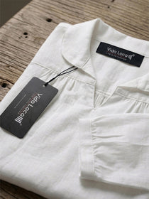 VORA LABEL Women Linen Cotton Regular Fit V Neck Top - White