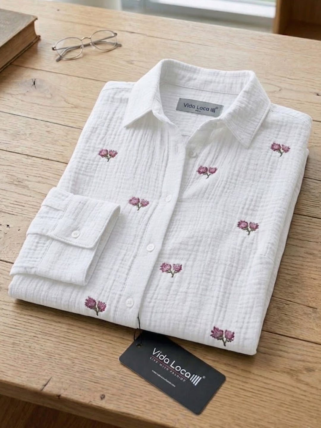 VORA LABEL Women Denim Floral Printed Embroidered Shirt - Black