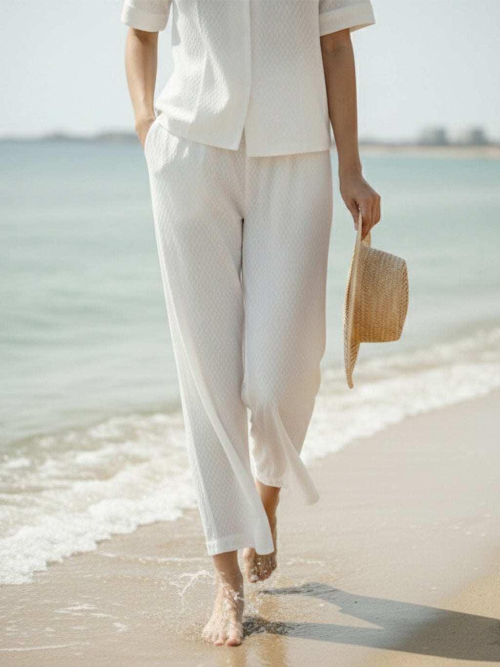 VORA LABEL Women Linen Solid Relaxed Fit Half Sleeve Co-ord Set - White