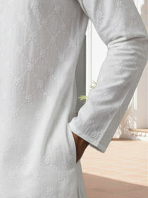 VORA LABEL Men's Pure Cotton Embroidered White Kurta | Mandarin Collar | Full Sleeves | Ethnic Wear