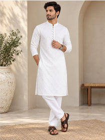 VORA LABEL Men's Pure Cotton Embroidered White Kurta | Mandarin Collar | Full Sleeves | Ethnic Wear