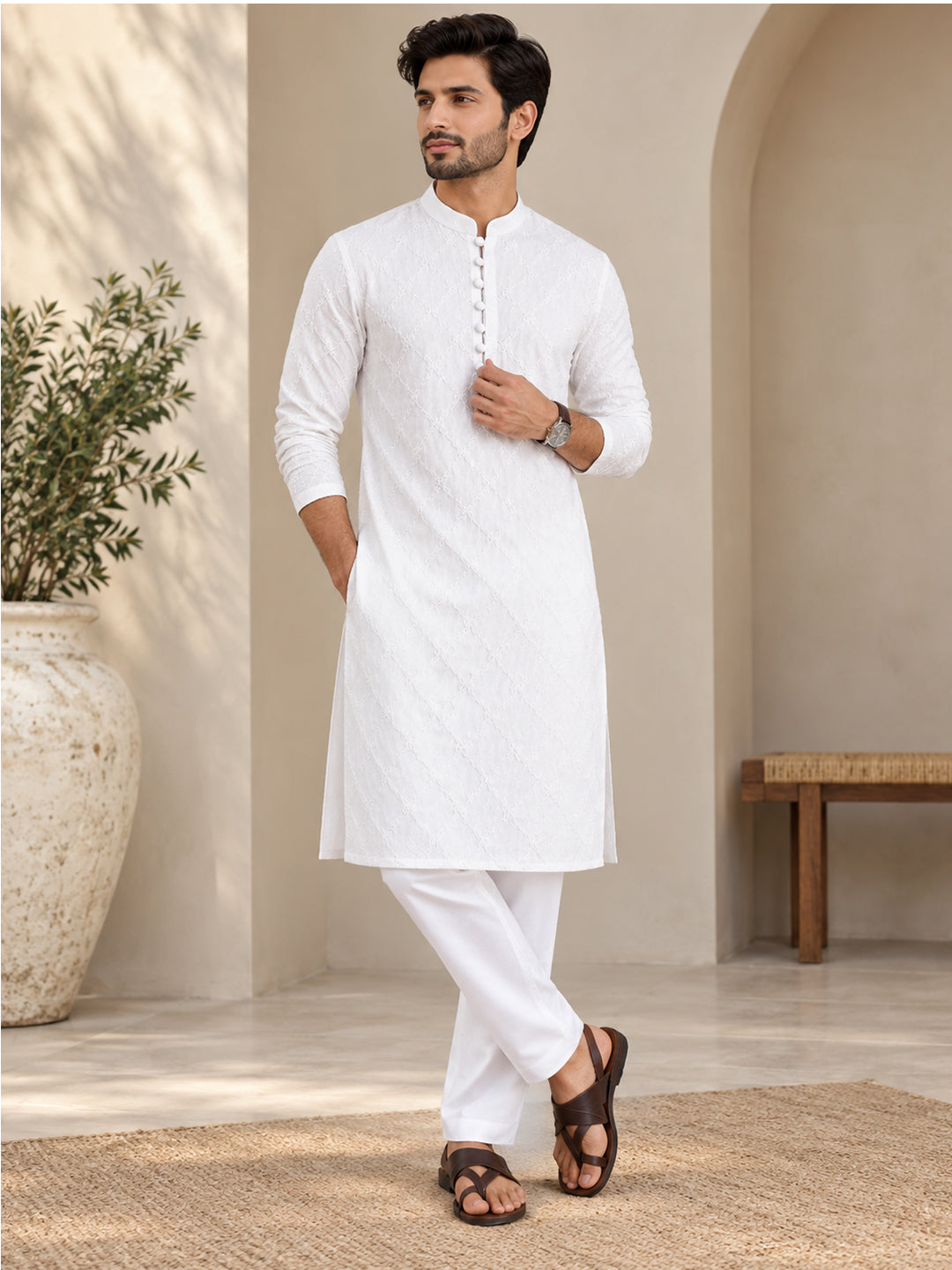 VORA LABEL Men's Pure Cotton Embroidered White Kurta | Mandarin Collar | Full Sleeves | Ethnic Wear