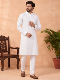 VORA LABEL Men's Pure Cotton Embroidered White Kurta | Regular Fit Ethnic Wear | Full Sleeve Traditional Kurta