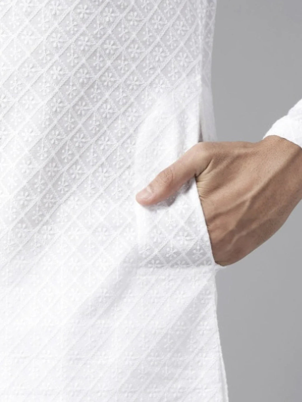 VORA LABEL Men Cotton Self-Design Regular Fit Long Kurta - White
