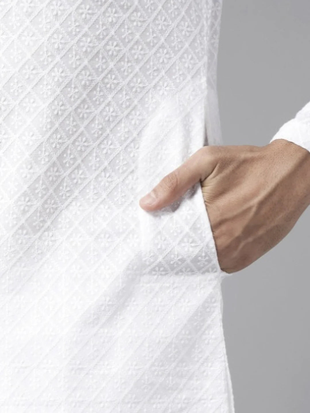 VORA LABEL Men Cotton Self-Design Regular Fit Long Kurta - White