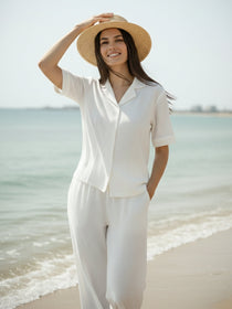 VORA LABEL Women Linen Solid Relaxed Fit Half Sleeve Co-ord Set - White