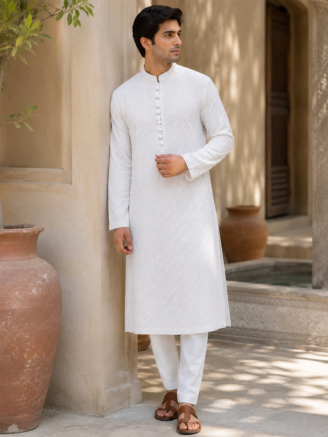 VORA LABEL Men Cotton Self-Design Regular Fit Long Kurta - White