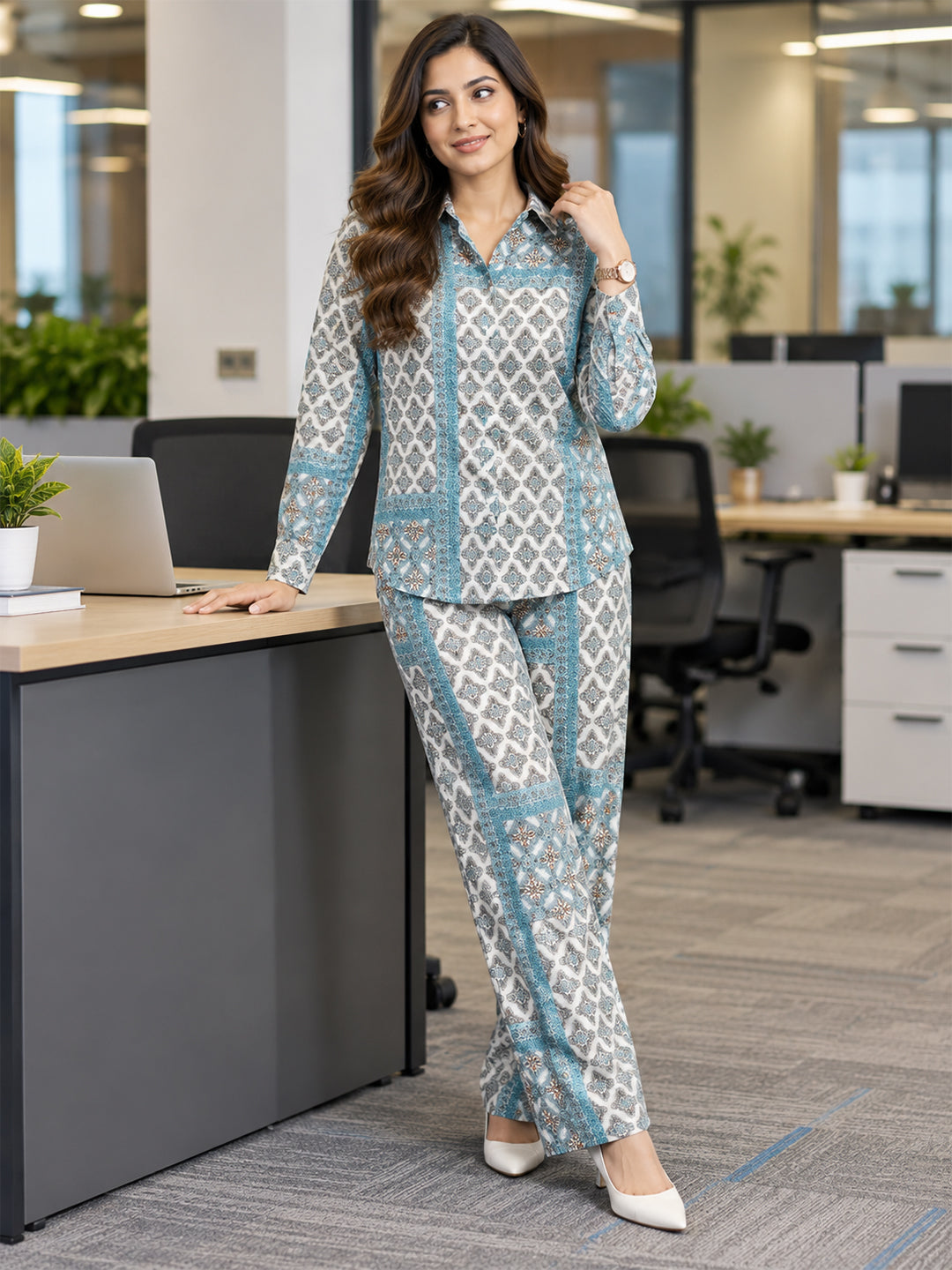 VORA LABEL Women's Two Piece Set, Baby Sky Blue, Shirts with Wide Leg Trousers, Full Sleeve Main image