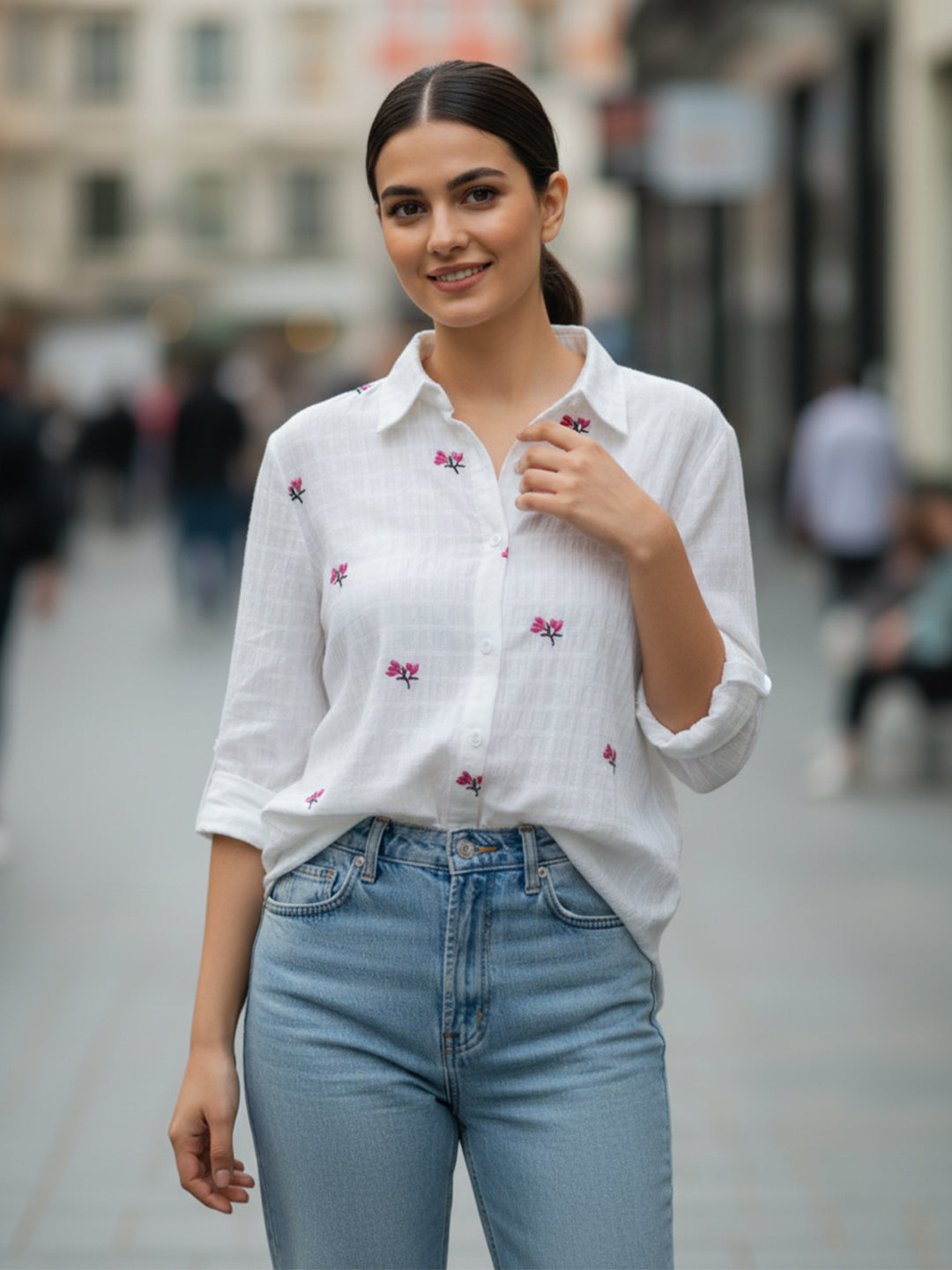 VORA LABEL Women Cotton Floral Embroidered Roll-Up Sleeve Shirt - White Secondary image
