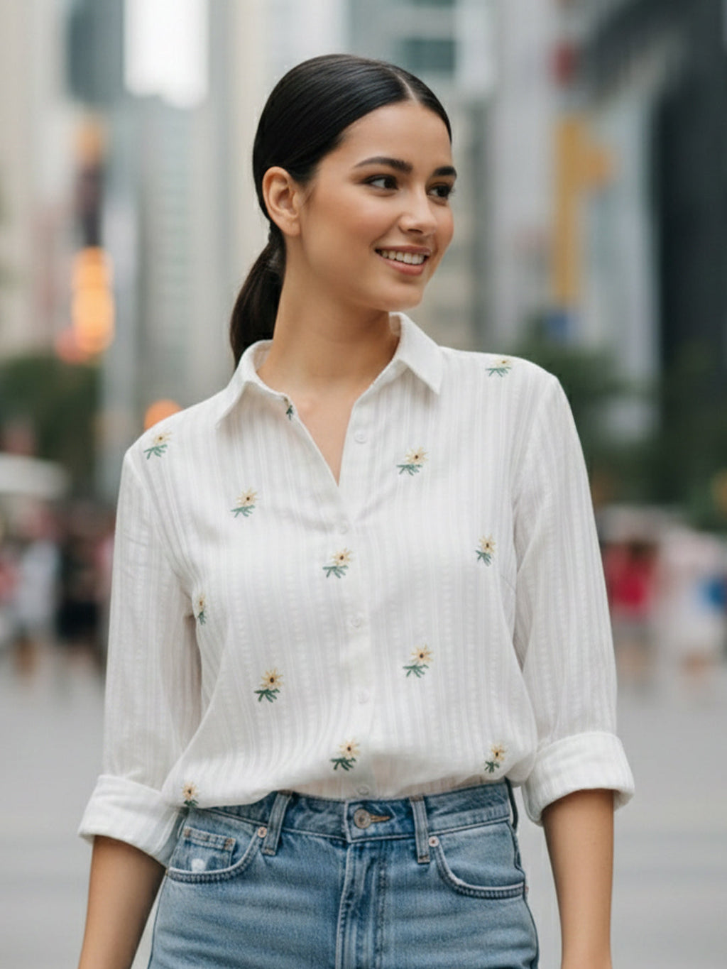 VORA LABEL Women Cotton Floral Printed Embroidered Shirt - White