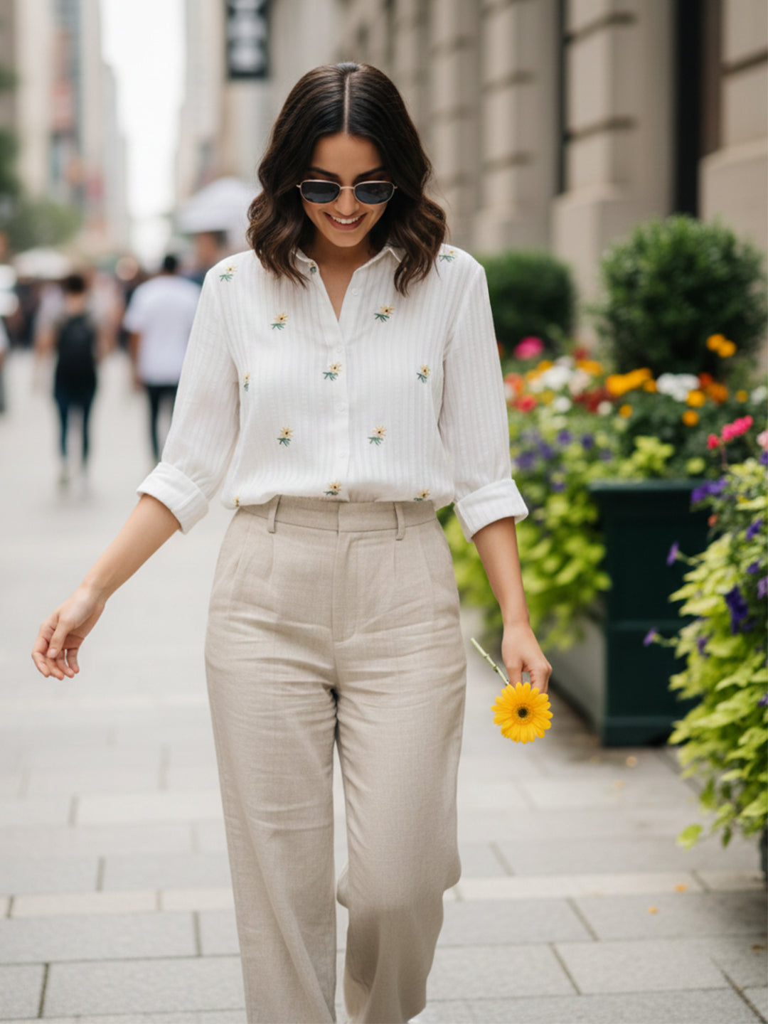 VORA LABEL Women Cotton Floral Printed Embroidered Shirt - White