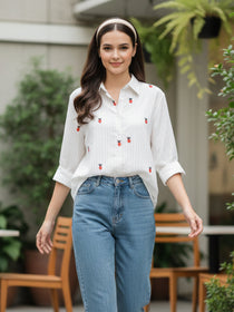 VORA LABEL Women Cotton Floral Printed Embroidered Regular Fit Shirt - White