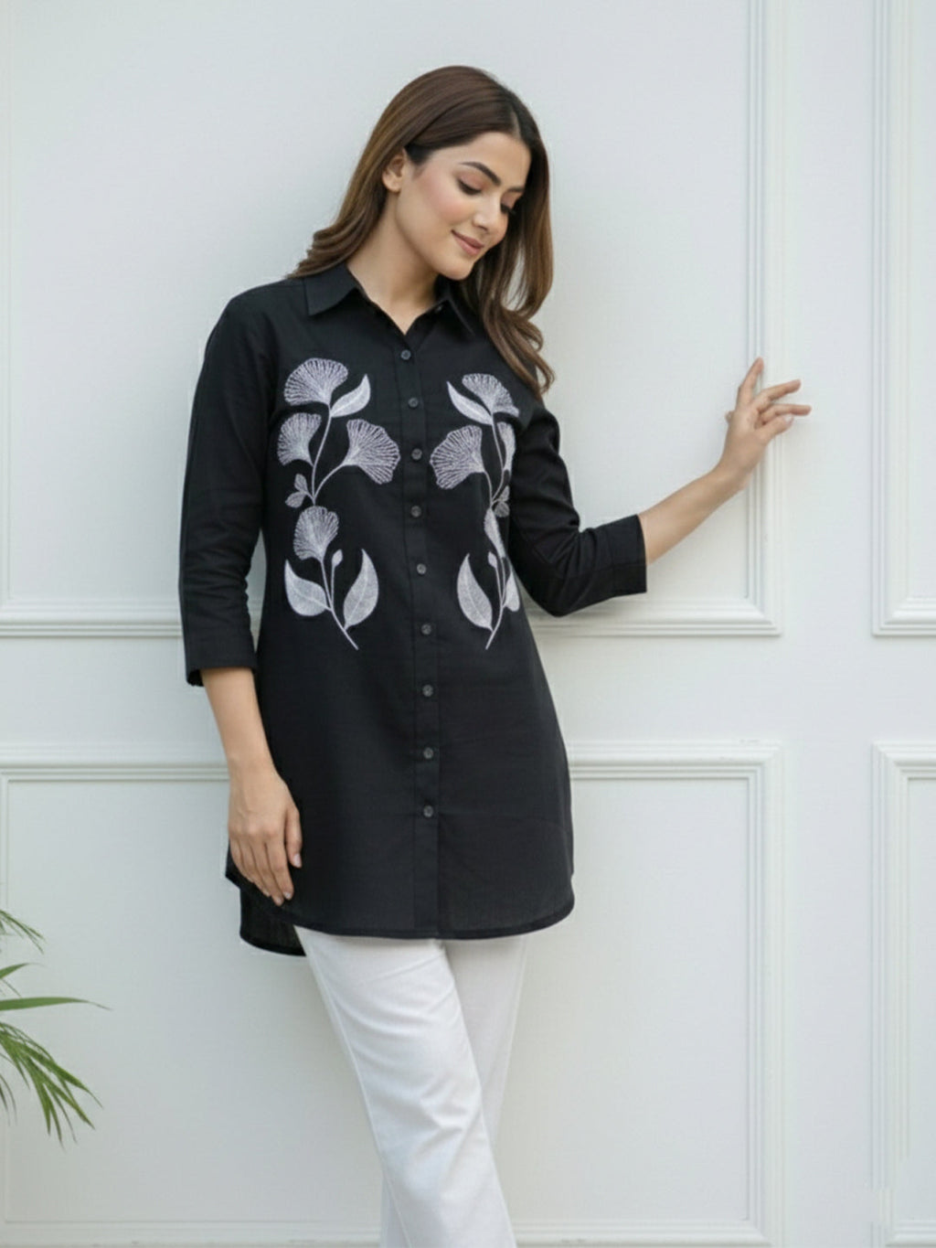 VORA LABEL Women Viscose Rayon Floral Printed Embroidered Shirt - Black
