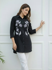 VORA LABEL Women Viscose Rayon Floral Printed Embroidered Shirt - Black