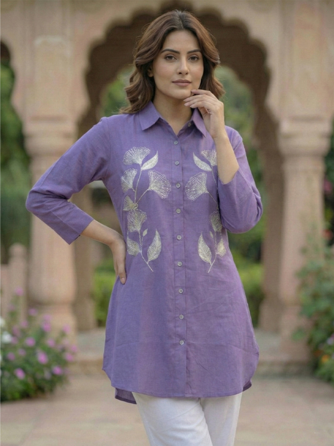 VORA LABEL Women Viscose Rayon Floral Printed Embroidered Shirt - Purple Main image