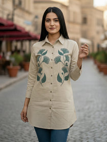 VORA LABEL Women Viscose Rayon Floral Printed Embroidered Shirt - Beige