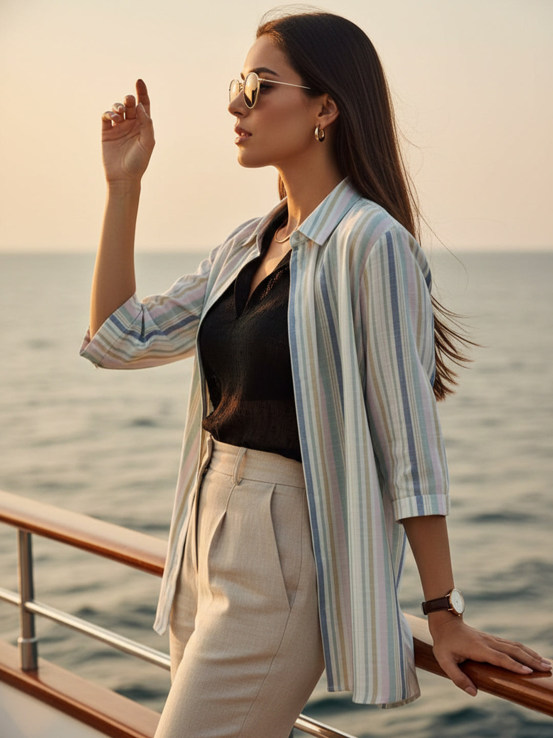 VORA LABEL Women Cotton Striped Regular Fit Shirt - White Secondary image