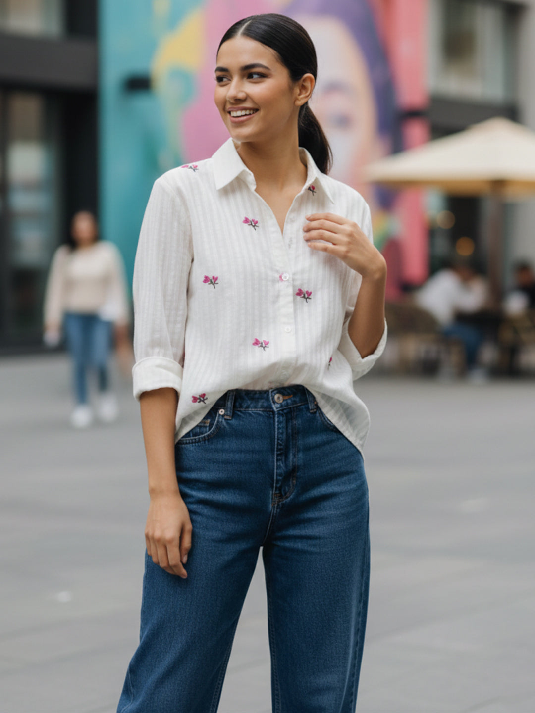 VORA LABEL Women Cotton Floral Printed Embroidered Regular Fit Full Sleeve Shirt - White Main image