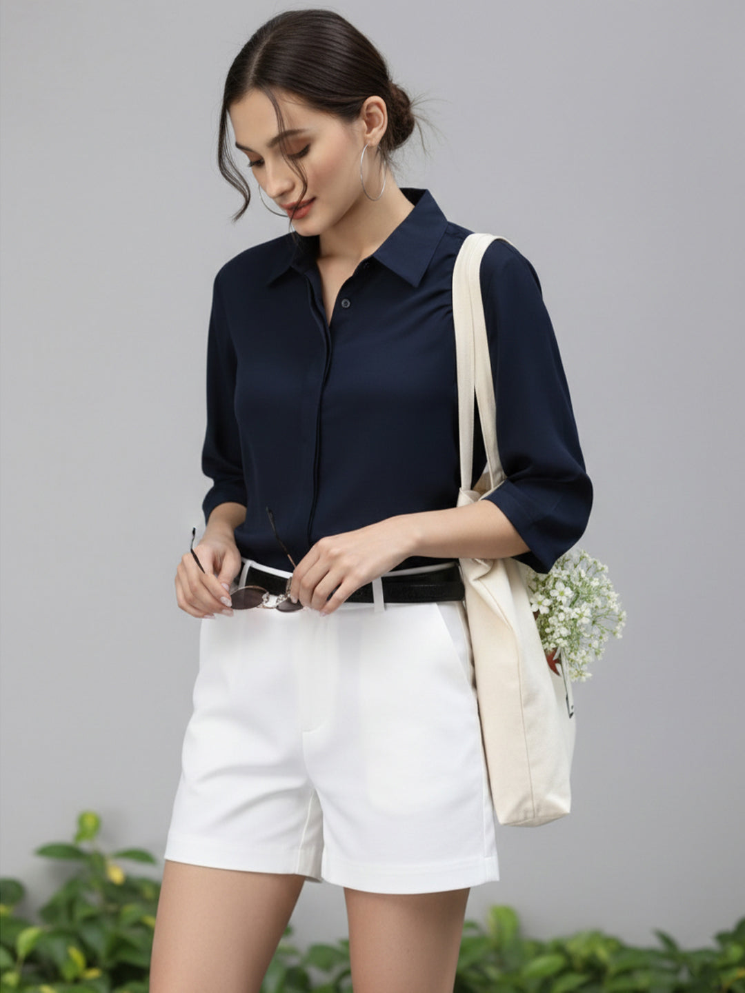 VORA LABEL Women Viscose Rayon Solid Regular Fit Shirt - Navy