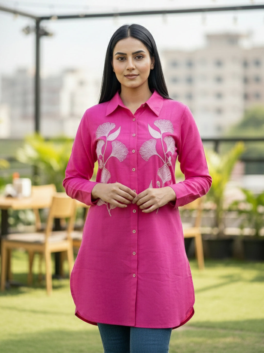 VORA LABEL Women Viscose Rayon Floral Printed Embroidered Shirt - Pink