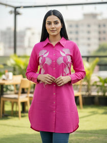 VORA LABEL Women Viscose Rayon Floral Printed Embroidered Shirt - Pink
