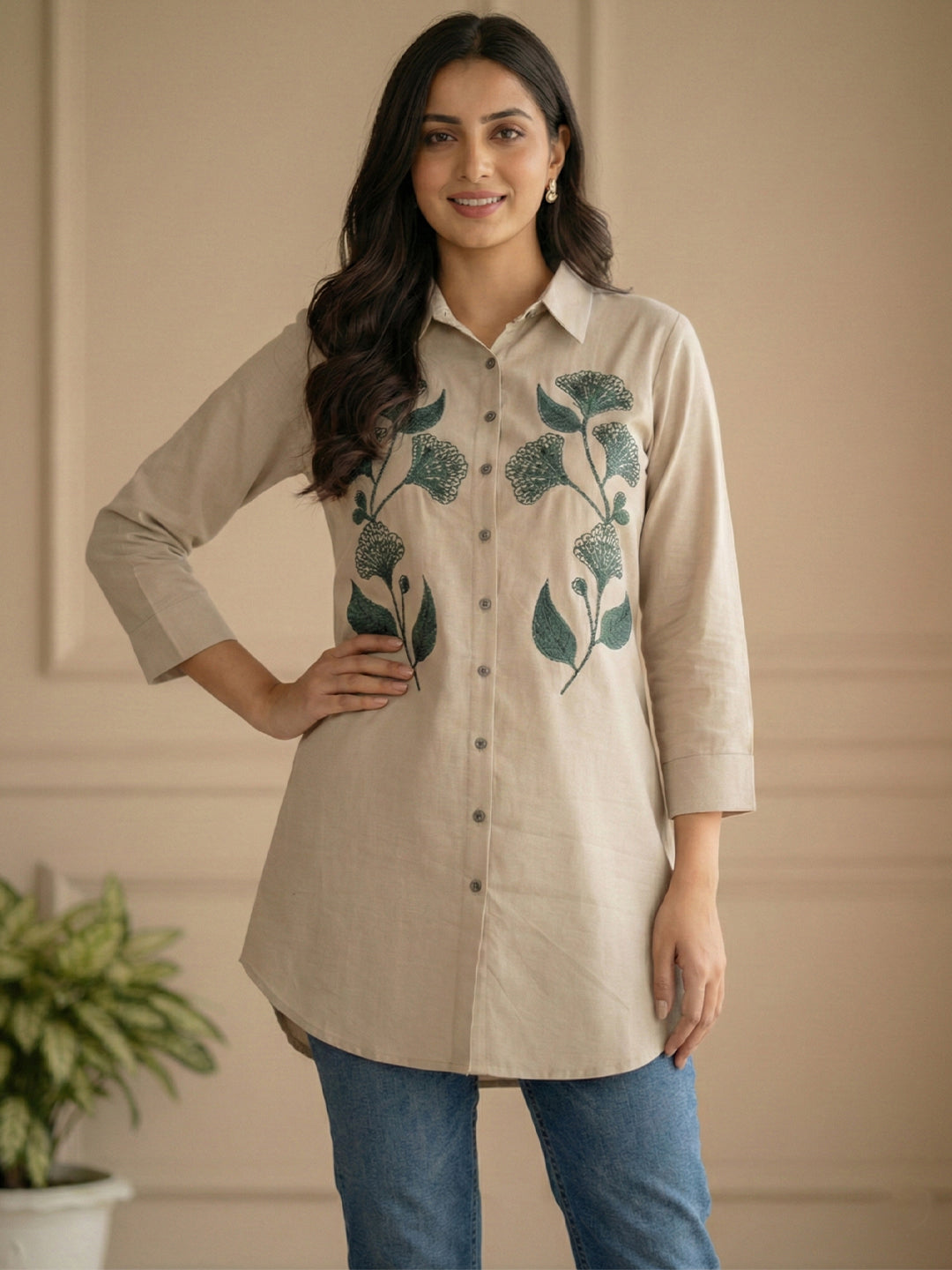 VORA LABEL Women Rayon Floral Printed Embroidered Shirt - Beige