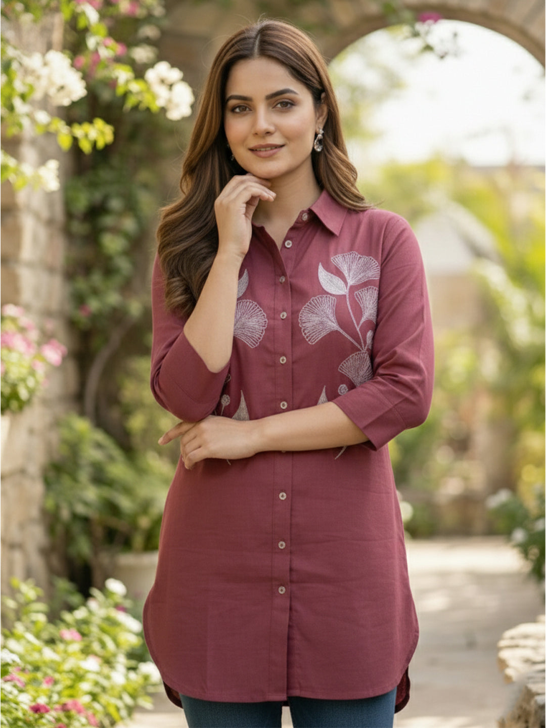 VORA LABEL Women Viscose Rayon Floral Printed Embroidered Shirt - Maroon