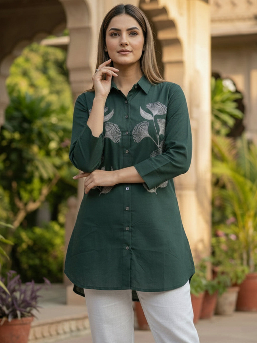 VORA LABEL Women Viscose Rayon Floral Printed Embroidered Shirt - Green