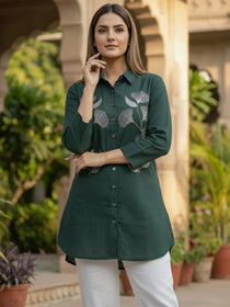 VORA LABEL Women Viscose Rayon Floral Printed Embroidered Shirt - Green
