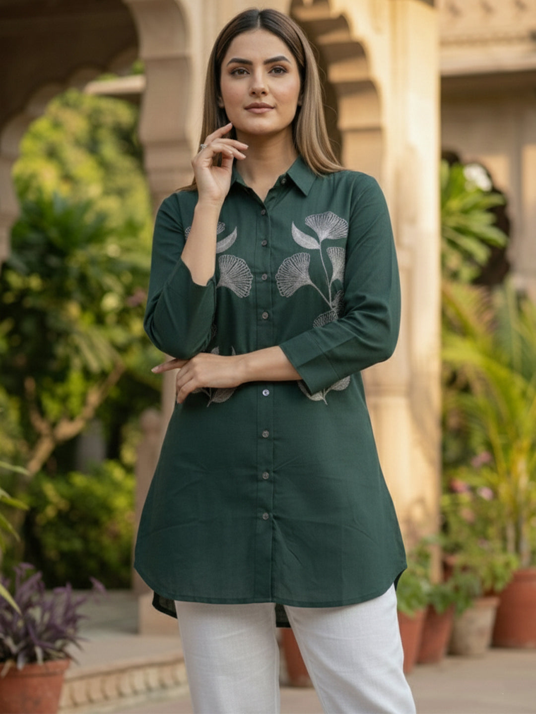VORA LABEL Women Viscose Rayon Floral Printed Embroidered Shirt - Green