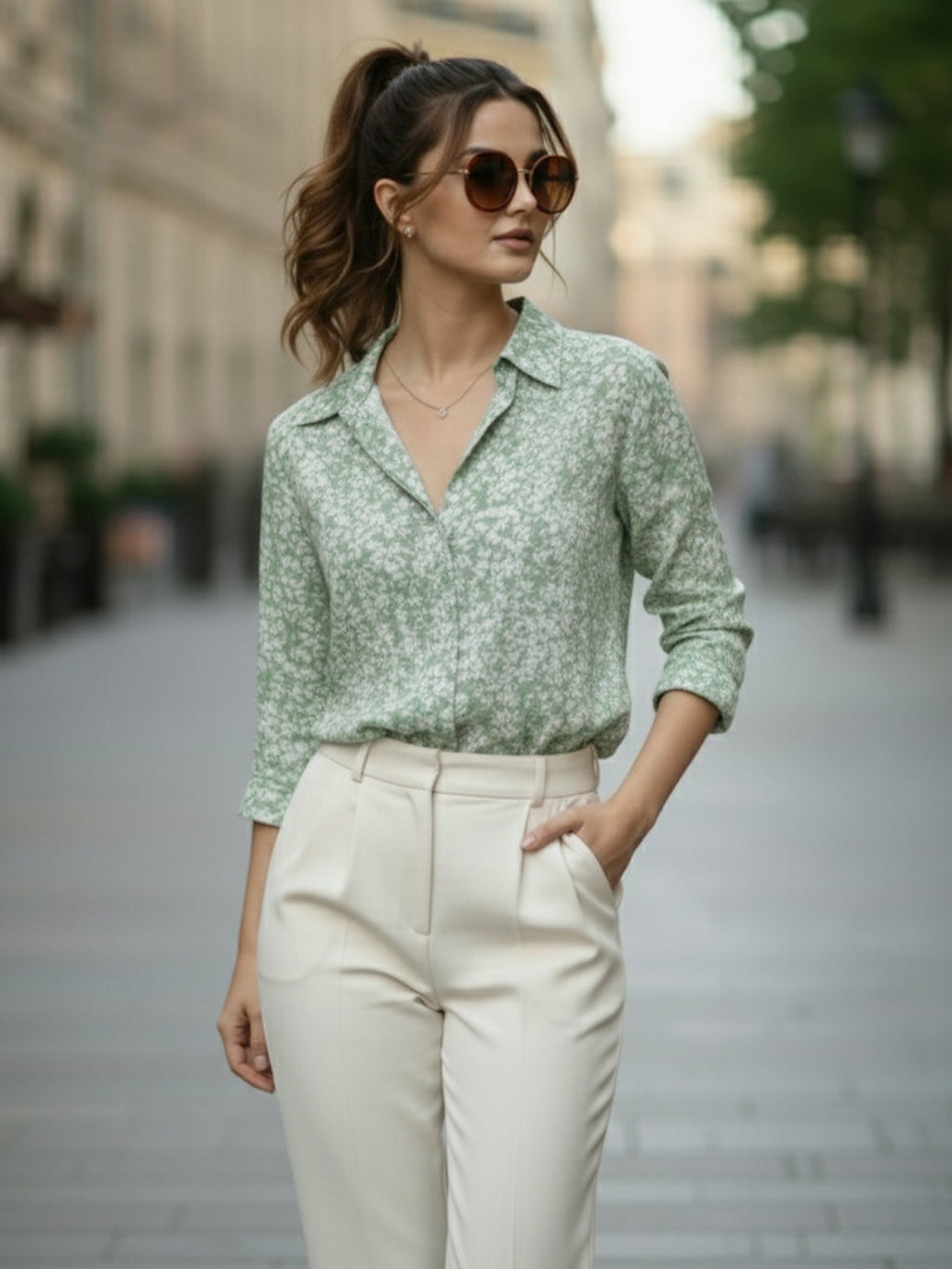 VORA LABEL Women Cotton Floral Printed Regular Fit Shirt - Green