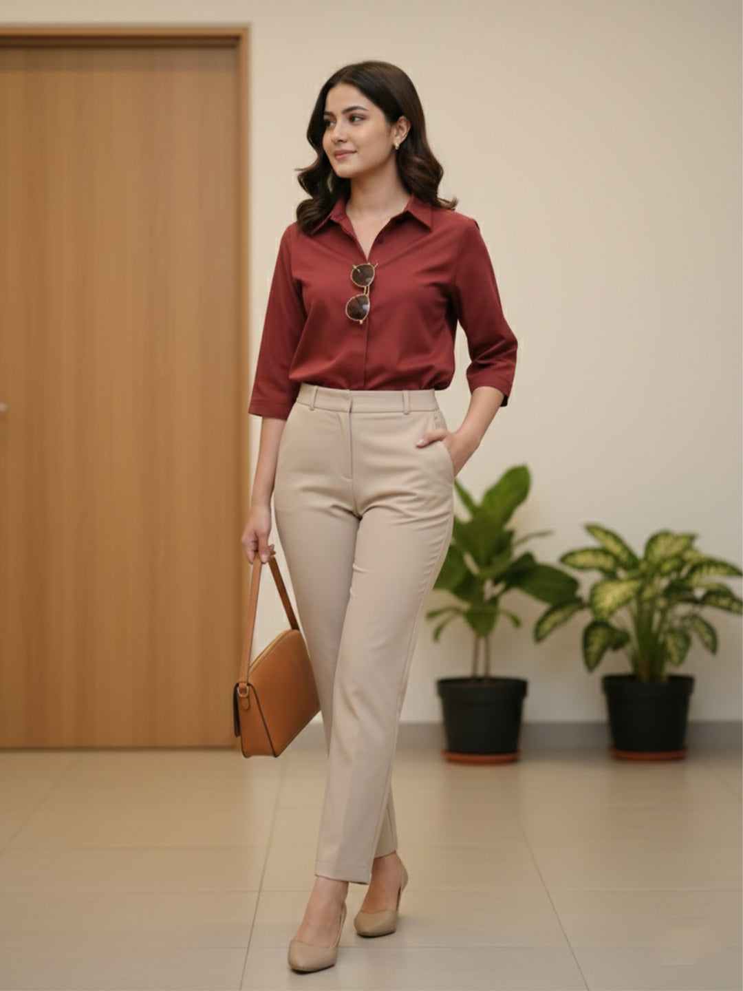 VORA LABEL Women Viscose Rayon Solid Regular Fit Shirt - Maroon Secondary image