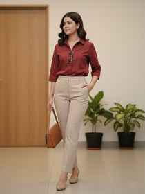 VORA LABEL Women Viscose Rayon Solid Regular Fit Shirt - Maroon