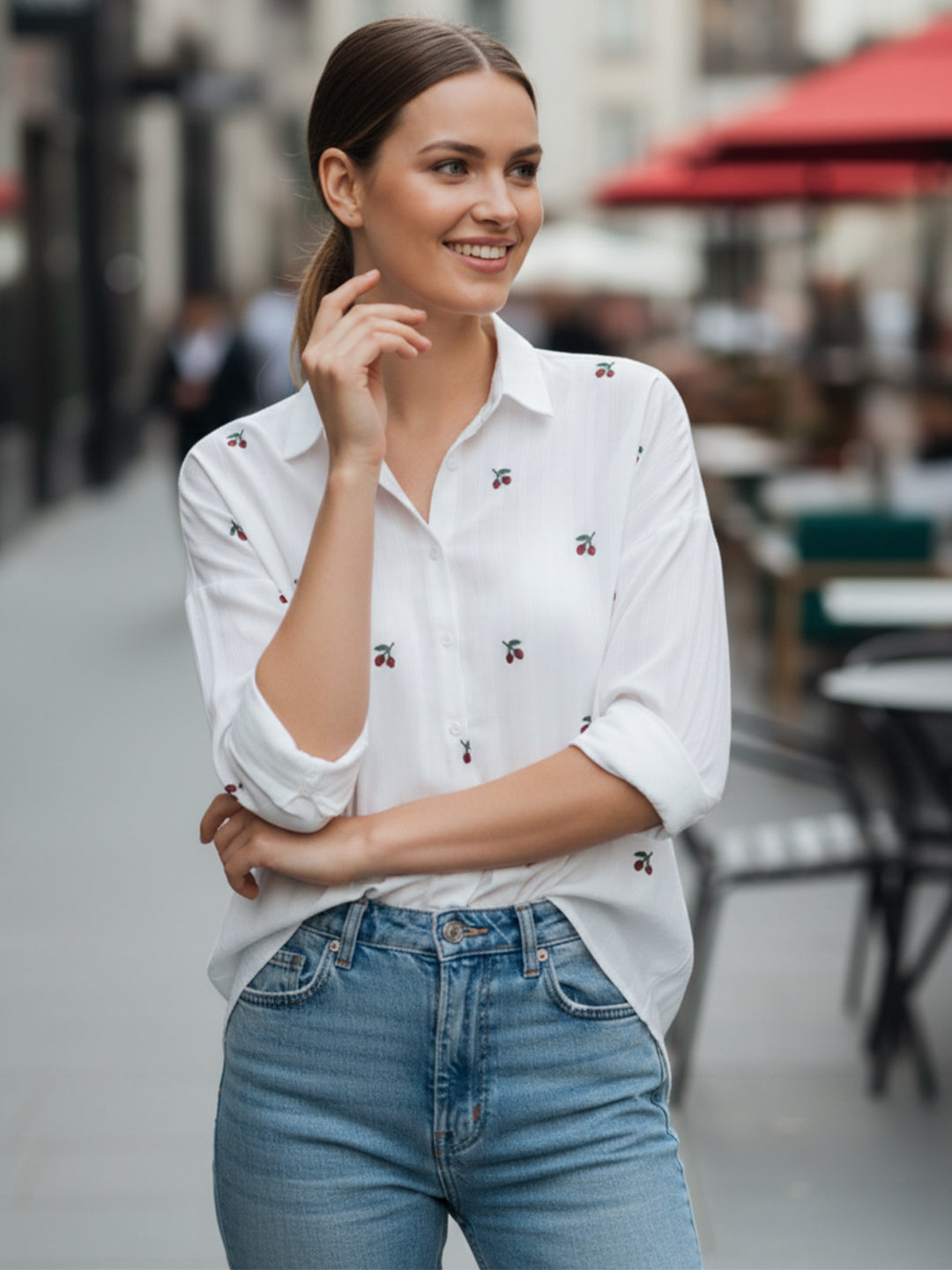 VORA LABEL Women Cotton Floral Embroidered Regular Fit Shirt - White Secondary image