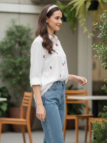 VORA LABEL Women Cotton Floral Printed Embroidered Regular Fit Shirt - White
