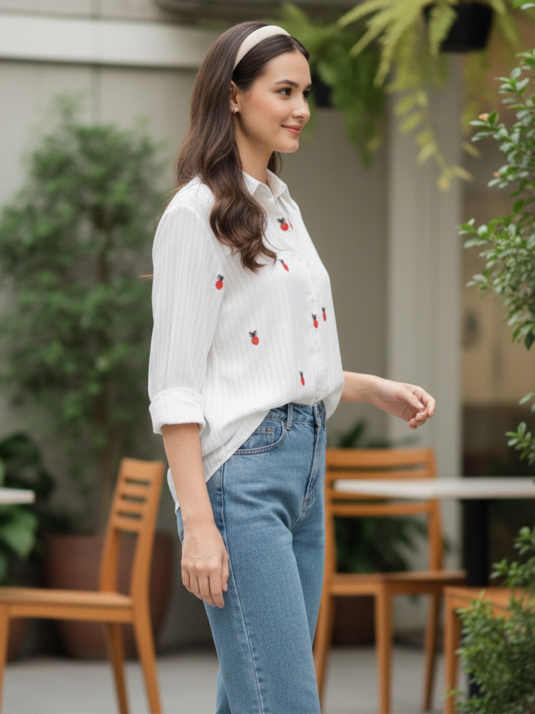 VORA LABEL Women Cotton Floral Printed Embroidered Regular Fit Shirt - White