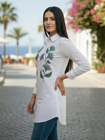 VORA LABEL Women Viscose Rayon Floral Printed Embroidered Shirt - White