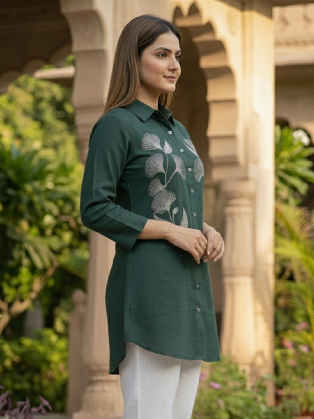 VORA LABEL Women Viscose Rayon Floral Printed Embroidered Shirt - Green Secondary image