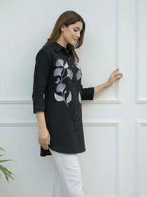 VORA LABEL Women Viscose Rayon Floral Printed Embroidered Shirt - Black