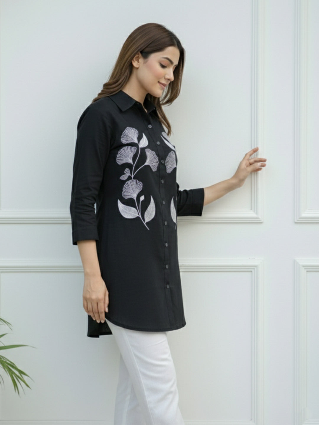 VORA LABEL Women Viscose Rayon Floral Printed Embroidered Shirt - Black