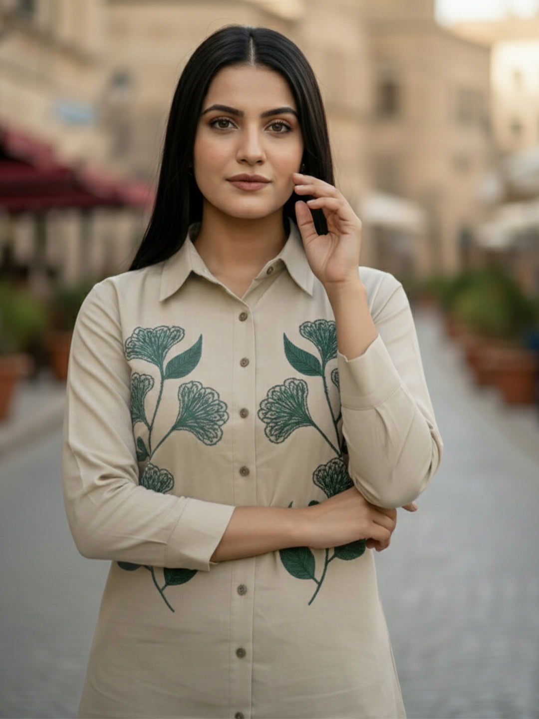 VORA LABEL Women Viscose Rayon Floral Printed Embroidered Shirt - Beige