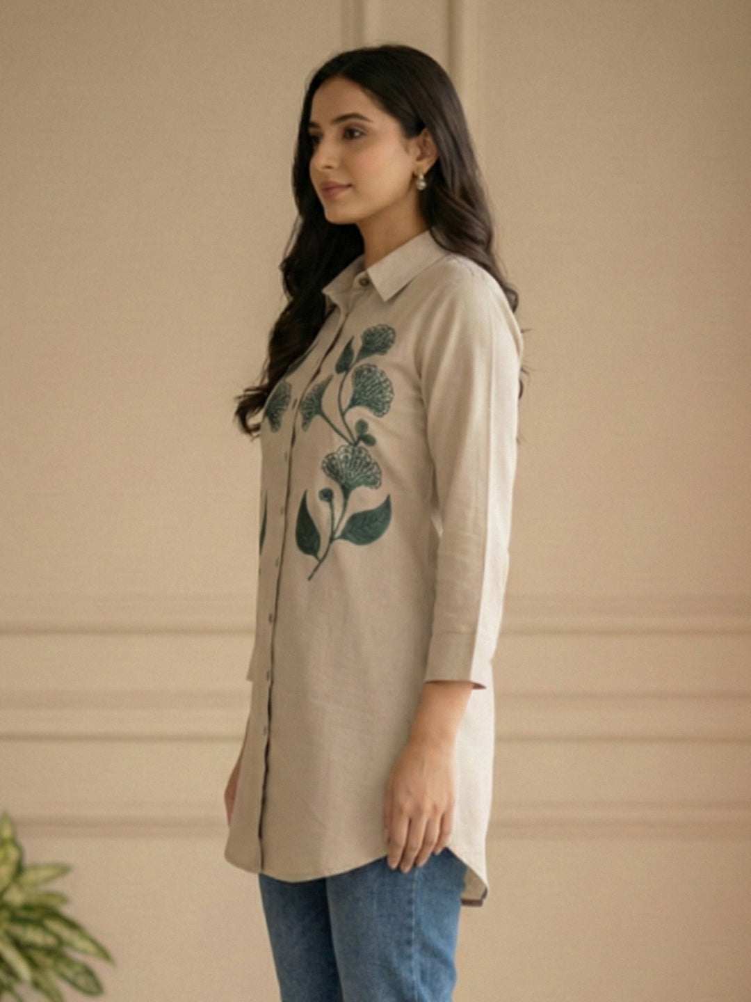 VORA LABEL Women Rayon Floral Printed Embroidered Shirt - Beige