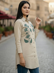 VORA LABEL Women Viscose Rayon Floral Printed Embroidered Shirt - Beige