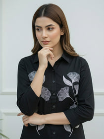VORA LABEL Women Viscose Rayon Floral Printed Embroidered Shirt - Black