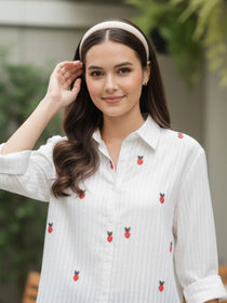 VORA LABEL Women Cotton Floral Printed Embroidered Regular Fit Shirt - White