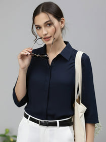VORA LABEL Women Viscose Rayon Solid Regular Fit Shirt - Navy