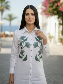 VORA LABEL Women Viscose Rayon Floral Printed Embroidered Shirt - White