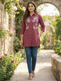 VORA LABEL Women Viscose Rayon Floral Printed Embroidered Shirt - Maroon