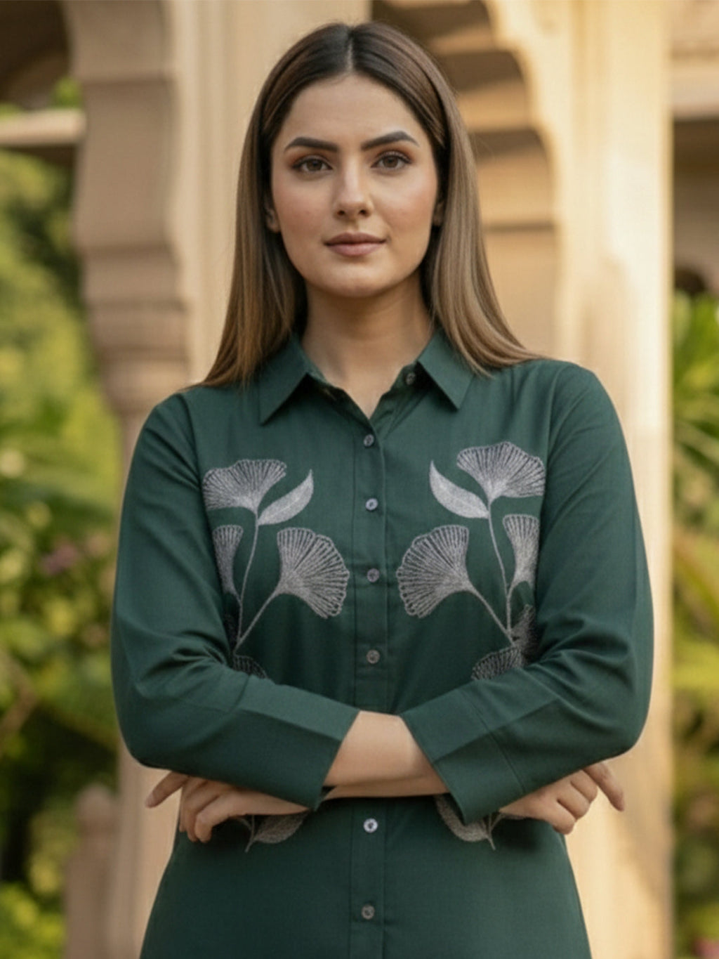 VORA LABEL Women Viscose Rayon Floral Printed Embroidered Shirt - Green