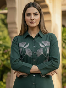 VORA LABEL Women Viscose Rayon Floral Printed Embroidered Shirt - Green